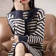 毛線(xiàn)裙子中長(cháng)款秋冬新款復古條紋長(cháng)袖針織連衣裙海軍領(lǐng)直筒寬松保 海藻藍 S