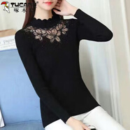 啄木鳥(niǎo)（TUCANO）秋冬韓版百搭半高領(lǐng)花邊蕾絲繡花網(wǎng)紗鏤空鑲鉆修身針織打底毛衣潮 B款 黑色 XL (110-120斤)