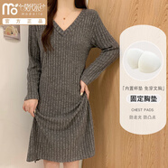 莫代爾秋季帶胸墊睡裙女士春秋長(cháng)袖坑條棉布性感純欲風(fēng)秋冬睡衣裙可外穿 長(cháng)袖裙 1316 深灰色 v領(lǐng) M 80-100斤