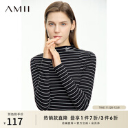 AMII女裝2025秋季新款半高領(lǐng)字母繡花布標裝飾條紋T恤女休閑 黑白條 M 160/84A