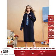 兩三事 記憶折痕 2025年冬季新款休閑印花抽繩連帽針織裙連衣裙 深藍色 S