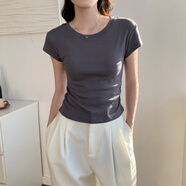 白色圓領(lǐng)短款短袖t恤女夏季 2025新款設計感小眾正肩高腰收腰上衣 煙灰色_【腰部褶皺款】 S _【85斤以下】