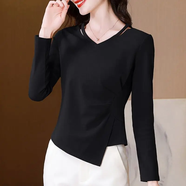 v領(lǐng)黑色長(cháng)袖t恤女打底衫春秋2025新款早秋內搭女裝正肩設計感上衣 黑色 退換貨包郵 M