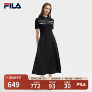 FILA 斐樂(lè )官方女裝連衣裙2025夏新款時(shí)尚休閑簡(jiǎn)約修身短袖連身裙子 正黑色-BK S 160/80A/S