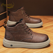 鱷魚(yú)恤男鞋冬季2025新款休閑百搭高幫板鞋男士運動(dòng)皮面防水潮鞋男 紅棕 38