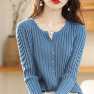 軟糯針織開(kāi)衫女秋冬短款高腰外搭顯瘦圓領(lǐng)外套長(cháng)袖毛衣上衣潮 霧藍色 均碼