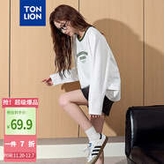 唐獅（TonLion）2025女文字圖案印花領(lǐng)口撞色圓領(lǐng)長(cháng)袖T恤 本白 M 