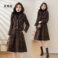 艾蔓婕（AIMANJIE）氣質(zhì)溫柔格子兩件套連衣裙新款冬季學(xué)院風(fēng)單排扣小西裝半身裙套裝 咖色 上衣+半身裙 XL