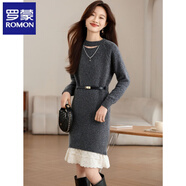 羅蒙（ROMON）羊毛針織連衣裙女秋冬新款洋氣蕾絲設計感腰帶收腰打底毛衣裙子 灰色 M