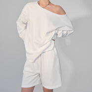 TT&ZZZz ZHANG夏季休閑衛衣女歐美風(fēng)長(cháng)袖白色寬松露肩時(shí)尚鹽系炸街套裝 白色露肩套裝夏_尺碼標準正常拍 S