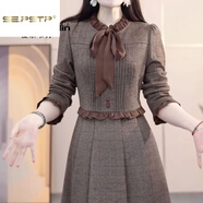 夏典素訂女王（SE.PSTP）廢土風(fēng)精紡時(shí)尚減齡洋氣顯瘦連衣裙2025秋季新款修身裙子 系帶咖色今年流行的輕奢品牌 M 建議90-105斤左右