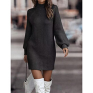 2025秋冬新款歐美高領(lǐng)毛衣女長(cháng)袖針織衫連衣裙女裝 黑色 S