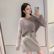 品質(zhì)特價(jià)2022秋季長(cháng)袖鏤空針織衫半身皮裙包臀裙配腰包時(shí)尚三件套 白色 M