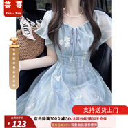 蕓蕁裙子女夏季2025新款法式溫柔風(fēng)藍(lán)色碎花荷葉袖連衣裙夏日新款度假 藍(lán)色碎花裙 【精選款】 XL