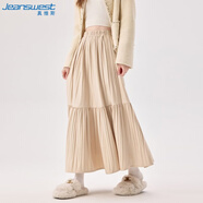 真維斯半身裙女秋冬百搭垂感a字裙高腰顯瘦中長(cháng)款百褶裙女米杏X(jué)L
