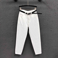 歐洲站秋冬季新款黑色牛仔哈倫垮褲女百搭寬松顯瘦加絨高腰老爹褲 白色  九分 29  110-120斤左右