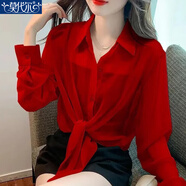 莫代爾春秋休閑百搭純色2025寬松襯衫女2法式甜美系帶薄款雪紡長(cháng)袖襯衣 紅色 S 建議80-95斤