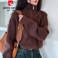 皮爾卡丹（pierre cardin）新款半拉鏈polo領(lǐng)蝙蝠袖針織衫高腰毛衣女短款時(shí)尚美拉德色系上衣 深棕色優(yōu)先發(fā)貨 M 95-105