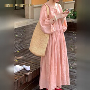夏典素訂女王（SE.PSTP）粉色苧麻連衣裙2025早秋新款女裝大碼微胖m巨顯瘦穿搭裙子v領(lǐng)長(cháng)裙 西柚粉  XL