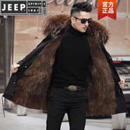JEEP SPIRIT海寧冬季男款派克服狐貍貉子毛可拆卸內膽加厚寬松皮草外套 黑色外殼+咖啡色內膽(中長(cháng)款) 2XL 130-145斤內