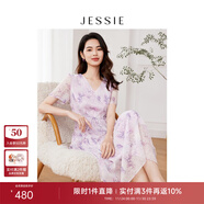 JESSIE氣質(zhì)印花V領(lǐng)短袖中長(cháng)款雪紡蛋糕連衣裙夏 紫色 S