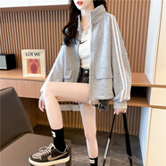 大尺碼女裝2024年新款春裝開(kāi) 衫短款外套女薄款厚棉T時(shí)尚洋派上衣 灰色 M _80-115斤