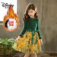 迪士尼（Disney）秋冬季2024女童新款百搭加絨毛衣腰帶網(wǎng)紗公主裙中大童女孩連衣裙 綠色1 【加絨加厚】 130碼