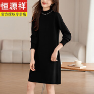 恒源祥秋冬新款配大衣A字毛衣裙女半高領(lǐng)中長(cháng)款打底毛衣針織純色連衣裙 黑色 S