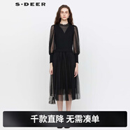 S.DEERsdeer圣迪奧女裝潮流百搭個(gè)性木耳邊圓領(lǐng)網(wǎng)紗拼接連衣裙S221Z1204 黑色/91 M 165