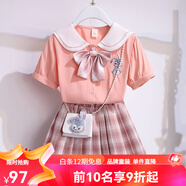 迪士尼（Disney）兒童JK裙子女孩日系學(xué)院風(fēng)小學(xué)生夏裝格裙百褶裙春秋冬裝女童套裝 夏款粉色 140  適合130-140cm年齡9-10歲