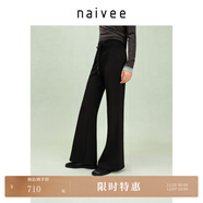 納薇（naivee）【云朵喇叭褲】商場(chǎng)同款25秋新款百搭長(cháng)褲寬邊松緊腰抽繩 黑色 L