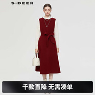 S.DEER圣迪奧女裝OL風(fēng)圓領(lǐng)收腰毛呢無(wú)袖連衣裙S244Z1203 暗紅/81 S/160