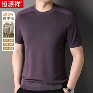 恒源祥100%純羊毛衫圓領(lǐng)短袖體恤衫休閑針織衫半袖毛衣純色寬松打底衫男 中紫   XL 【建議140-160斤】