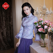 逸紅顔（E.Beauty）逸紅顏 紫淑 2025冬新款水貂毛條微喇袖溫婉紫色竹影旗袍領(lǐng)上衣女 豆灰紫 XL