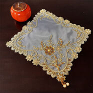 新款蕾絲歐式美式手工釘珠餐巾餐墊方形臺布電話(huà)機蓋巾櫥柜蓋布 金色1 12片裝30*30厘米