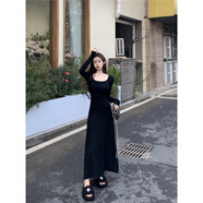 園翌法式U型領(lǐng)長(cháng)袖連衣裙內搭磨毛棉低領(lǐng)收腰a字長(cháng)款大裙擺打底裙 黑色 M