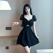 夜場(chǎng)性感深V領(lǐng)低胸顯瘦短袖連衣裙氣質(zhì)女神范網(wǎng)紗拼接A字大擺短裙 黑色 S