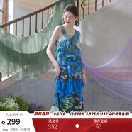 兩三事度假超仙的裙子女夏季紫色油畫(huà)藝術(shù)吊帶海邊連衣裙云霧睡蓮 藍色 S