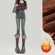 水泥灰加絨小腳牛仔褲女2025新款秋冬設計感鉛筆緊身褲子 加絨水泥灰 M