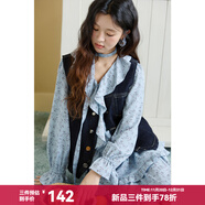 謎秀碎花連衣裙牛仔馬甲套裝女秋季V領(lǐng)荷葉邊泡 深藍色  馬甲 L