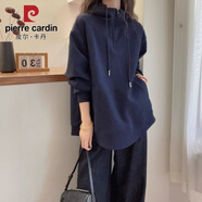 皮爾卡丹歐洲站連帽半拉鏈正肩衛衣女秋季大尺碼顯瘦中長(cháng)款遮屁股洋氣上衣 藏青色 S 建議80-95斤