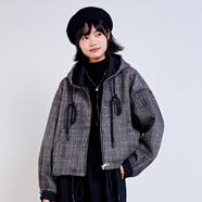 木果果木2025秋季新款時(shí)尚休閑風(fēng)格紋設(shè)計(jì)寬松連帽短款毛呢外套女 黑色 均碼 F