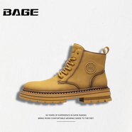 八哥BAGE品牌男鞋2025秋冬新款戶(hù)外厚底防滑皮面馬丁靴復古高幫工裝靴 黃色 39