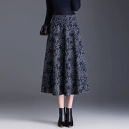 恒源祥中年老年媽M媽裝毛呢冬裙半身裙女秋冬季洋氣大尺碼高腰顯瘦大擺 藍花 L 100-120斤