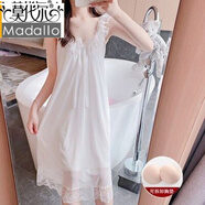 莫代爾2025新款女睡裙夏季吊帶性感薄款蕾絲裸感睡衣孕婦帶胸墊棉宮廷 【帶胸墊】吊帶裙 網(wǎng)紗蝶結-白色 XL 適合（125-140斤）