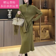 Fickan長(cháng)款衛衣女遮臀搭配鯊魚(yú)褲針織連衣裙女超好看拉鏈領(lǐng)中裙過(guò)膝 橄欖綠 L 105-115斤