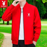 花花公子（PLAYBOY ESTABLISHED 1953）紅色外套男加絨加厚秋冬季休閑運動(dòng)棒球服中青年夾克外套 中國紅 不加絨（棒球服） L  建議  100-120斤