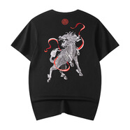 NUKM國潮麒麟刺繡短袖T恤男夏季復(fù)古潮牌五分袖衣服寬松高街男生體恤 黑色 M