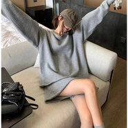 UKUHPK韓國代購初秋白色寬松慵懶風(fēng)圓領(lǐng)毛衣高腰短褲針織套裝女 灰色 均碼