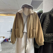 京嚴甄選冬季新款寬松覆古羊羔毛翻領(lǐng)拼接麂皮絨外套加厚羽絨內膽 卡其色 均碼 均碼